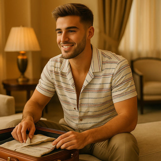 Vintage Cream Cuban Collar Shirt for Men – Boho Striped Summer Half Sleeve