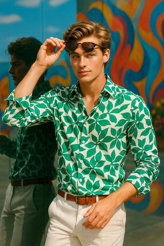 Green Leaf Print Slim Fit Shirt for Men | Stylish Summer & Casual Wear