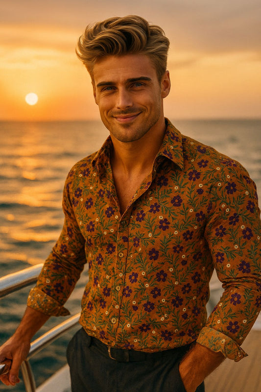 Mustard Floral Print Slim Fit Shirt for Men | Stylish Party & Casual Wear