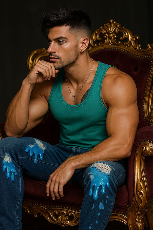 Dark Blue Ripped Jeans for Men – Baggy Fit Denim with Blue Paint Drip Design | Streetwear Fashion