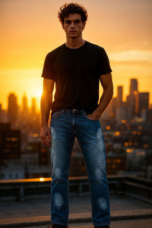 Men’s Mid-Blue Distressed Straight Jeans with Lion-Fade