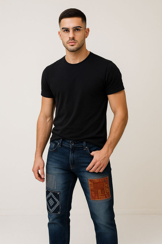 Blue Patchwork Jeans for Men – Slim Fit Denim with Printed Fabric Panels | Designer Streetwear