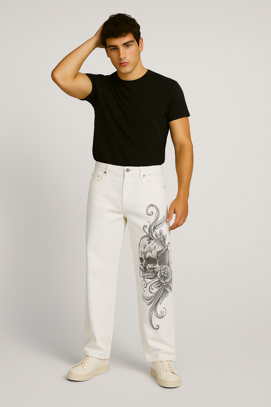  black skull jeans, embroidered jeans for men, graphic denim, streetwear jeans, premium denim, men’s designer jeans, statement jeans, party wear jeans for men, bold embroidery jeans, 21 Inside jeans

